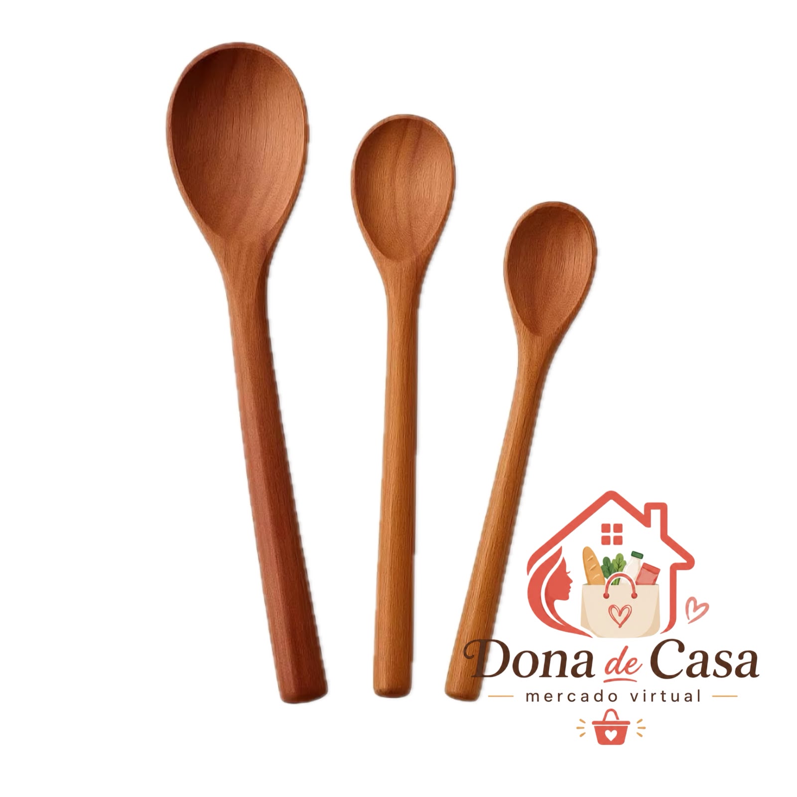 Kit 3 Colheres de Pau de Madeira Natural – Tamanhos 24, 26 e 32 cm, Ideal para Cozinhar, Misturar e Servir, Durável e Ecológica